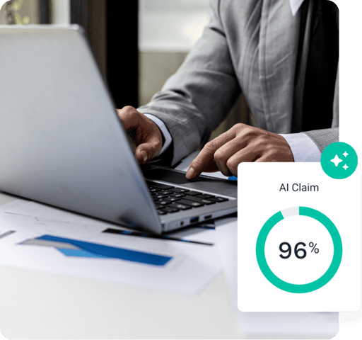 business man with laptop and AI badge
